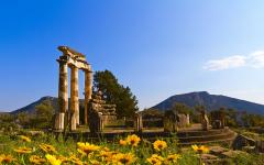 View of temple ruins in in the morning in Delphi, Greece 