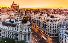 spain madrid aerial view of gran via shopping street at sunset